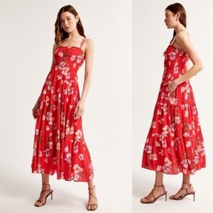 NWT Abercrombie & Fitch red floral smocked bodice maxi dress L